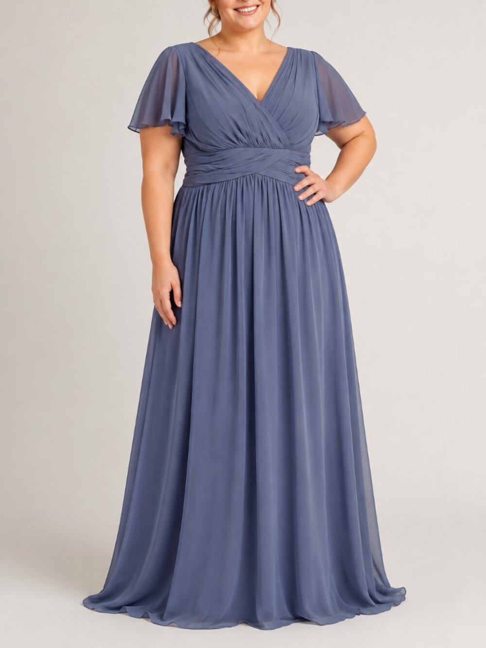 Dusty Blue Chiffon Tulle & Chantilly V-Neck Maxi Dress with Flutter Sleeves